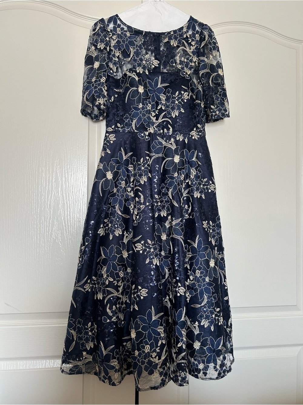 Adrianna Papell Navy and Silver Floral Midi Dress